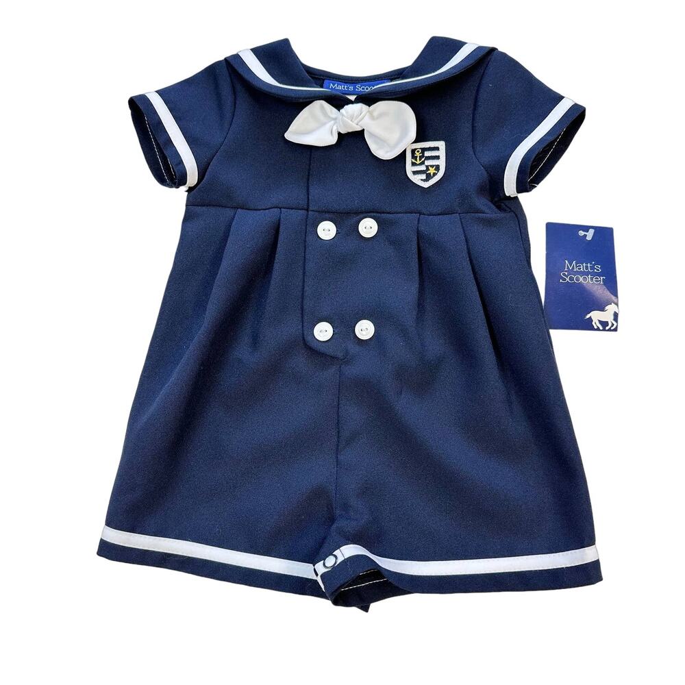 Matt's Scooter Baby Boy Sailor Romper Navy Blue Nautical Outfit Size 6/9M NWT